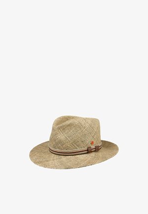 Light brown woven straw fedora hat with a striped ribbon band and a small round orange emblem on the side.