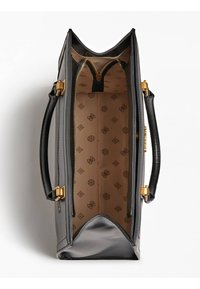 Sort læderhåndtaske med guldfarvet hardware, lynlåslukning og beige inderside med mønstret for. Struktureret form med dobbelte håndtag.