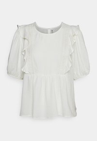 Blusa branca com mangas curtas e bufantes, e detalhes em renda. Apresenta painéis texturizados e uma bainha peplum. Fecho nas costas com botões.