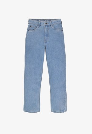 Lichtblauwe denim jeans met een recht model, vijf zakken, riemlussen en een knoopsluiting. Zachte textuur met een vervaagde afwerking.