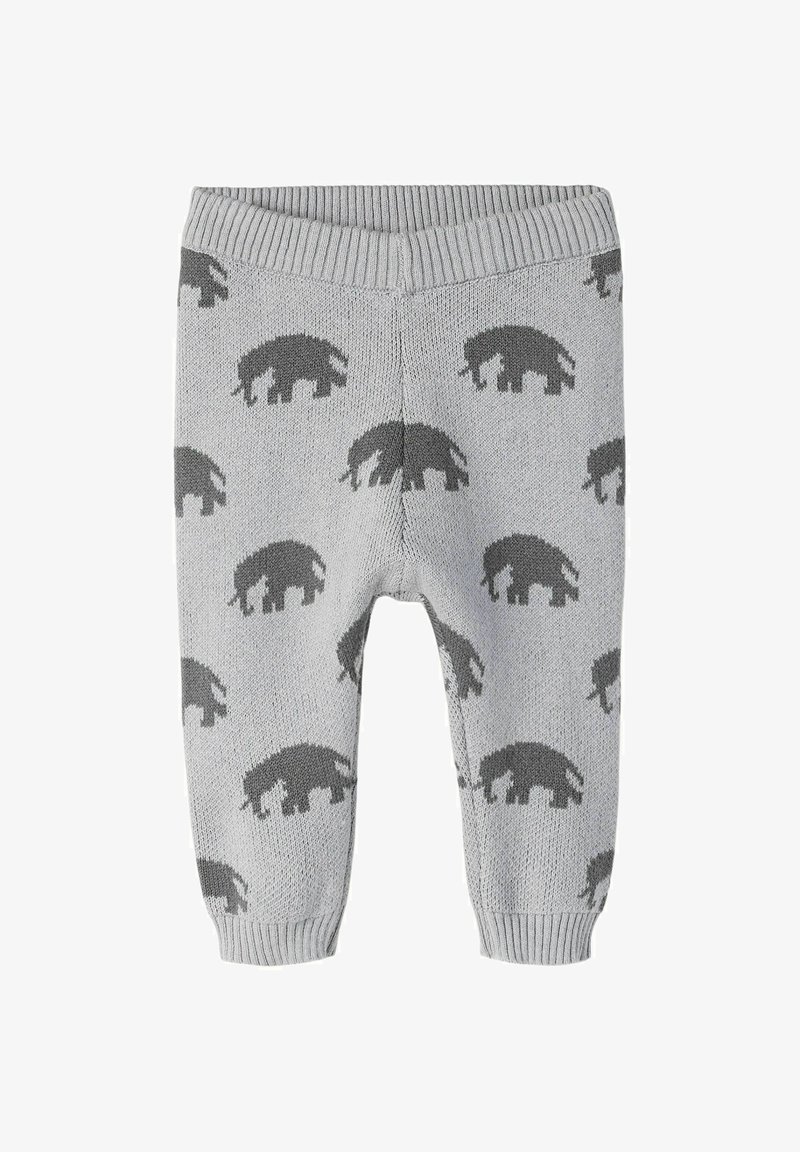 Pantalon bébé tricoté gris clair avec ceinture élastique et motifs éléphants gris foncé partout.