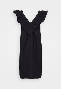 Schwarzes Kleid mit V-Ausschnitt und gerafften kurzen Ärmeln. Hergestellt aus leichtem Stoff hat es eine lockere Passform und reicht bis zum Knie.