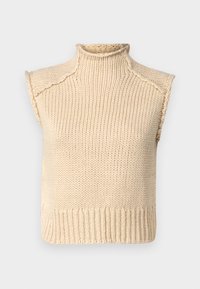 Suéter de punto sin mangas en color beige con cuello alto, que presenta una textura acanalada y un corte holgado. Sin costuras en los hombros; el dobladillo es recto.