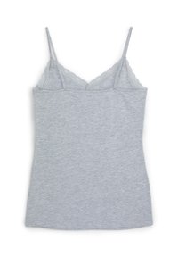 Camisole grigia realizzata in tessuto morbido, con spalline sottili e regolabili e un bordo in pizzo ondulato lungo il collo. Design semplice senza motivi.