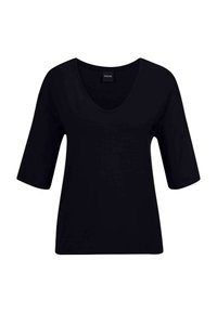 Zwarte t-shirt met korte mouwen, een wijde V-hals en een relaxte fit. Gemaakt van zachte, rekbare stof voor comfort. Eenvoudig, minimalistisch ontwerp.