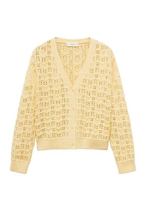 Cardigan galben tricotat cu decolteu în V, având un design cu ochiuri, manșete cu căptușeală și închidere cu buton în față.