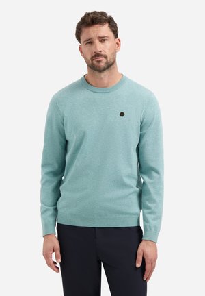 Lichtblauwe gebreide trui met een ronde hals, ribbels aan de mouwen en onderkant. Bevat een klein hexagonaal logo op de borst.