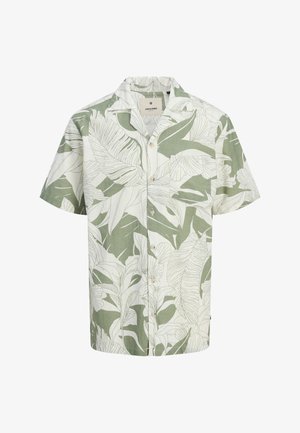 Kratka majica na dugmadi s kratkim rukavima u svijetlozelenoj i bijeloj boji s uzorkom lišća, s džepom i opuštenim dizajnom ovratnika.