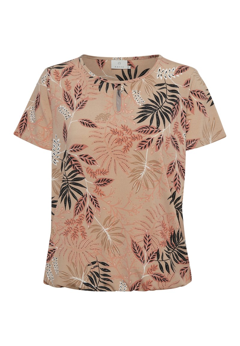 Blouse beige à manches courtes avec col rond et ouverture clé, avec un motif de feuilles tropicales rose, noir, blanc et marron.