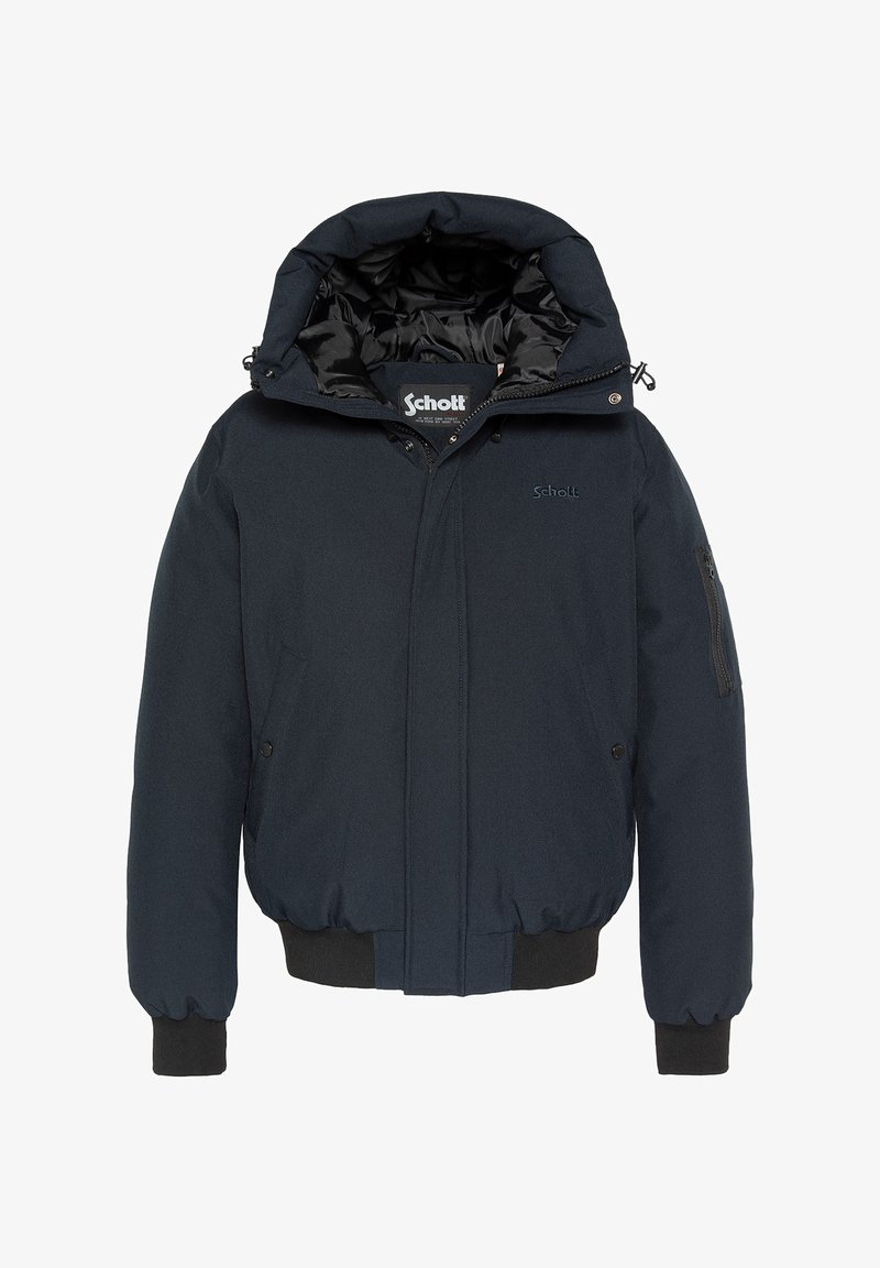 Giacca imbottita blu navy con cappuccio removibile, chiusura con zip e bottoni a pressione, tasche laterali, polsini a coste e fodera interna.