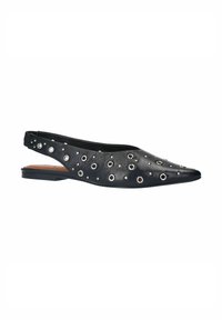 Black leather slingback shoes with pointed toes, embellished with metal grommets, flat heel, and textured surface.