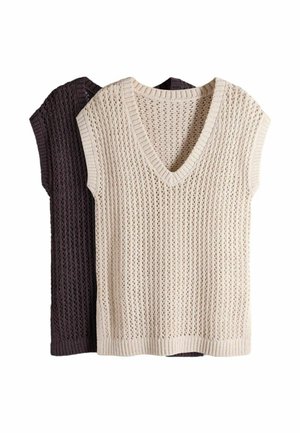 Zwei ärmellose Strickwesten mit Lochmuster, eine cremefarben mit V-Ausschnitt vorne, eine dunkelbraune teilweise dahinter sichtbar.