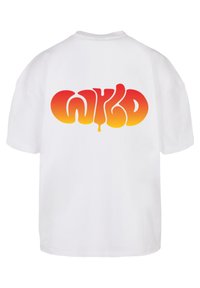 White cotton t-shirt featuring a large graphic on the back with the text "WYLD" in a gradient of orange to red, with a fluid design.