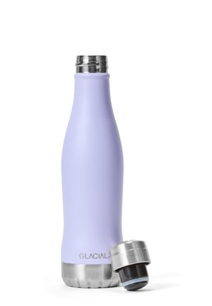 Borraccia isolata viola con tappo in acciaio inox staccato e posizionato accanto alla bottiglia, con il marchio "GLACIAL" alla base.