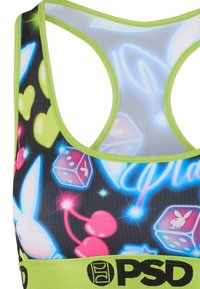 Sportbh met een zwarte basis met kleurrijke ontwerpen van harten, dobbelstenen en sterren, omlijnd in neonblauw en roze. Groene elastische band onderaan.
