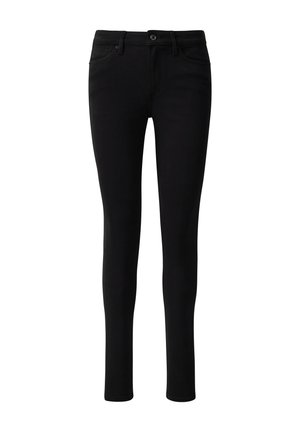 Zwarte skinny jeans gemaakt van een rekbare denim stof. Voorzien van een knoopsluiting aan de voorkant, vijf zakken en een strakke, onopgesmukte uitstraling.