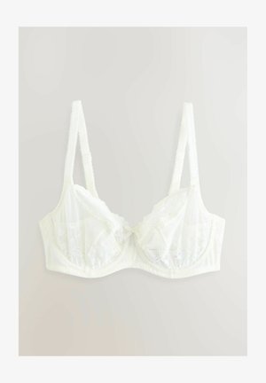 Sutien alb din dantelă cu cupe din plasă, bretele reglabile îmbrăcate în dantelă și un detaliu central sub formă de fundiță. Prezintă margini crestate și o formă structurată.