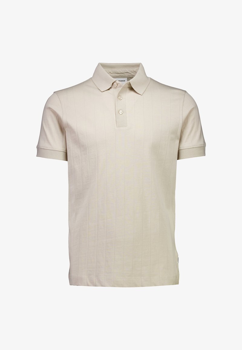 Polo color beige chiaro con maniche corte, apertura con tre bottoni e trama verticale a coste. Morbido cotone.