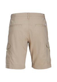 Beige cargo shorts with back welt pockets and side flap pockets, displayed from the rear on a plain white background.
