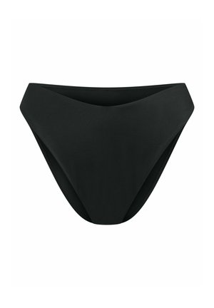 Czarny dół bikini o wysokim stanie, wykonany z gładkiego, elastycznego materiału. Charakteryzuje się bezszwowym wykończeniem i minimalistyczną sylwetką.