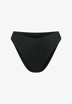 Czarny dół bikini o wysokim stanie, wykonany z gładkiego, elastycznego materiału. Charakteryzuje się bezszwowym wykończeniem i minimalistyczną sylwetką.