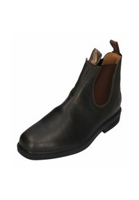 Braune Leder Chelsea-Boots mit elastischen Seiteneinsätzen und Zugschlaufen. Glatte Textur, runde Zehenform und Gummisohle. Subtile Steppnähte.