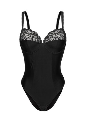 Body en noir avec un haut en dentelle, bonnets moulés, bretelles ajustables et une texture de tissu lisse ; design classique et silhouette ajustée.