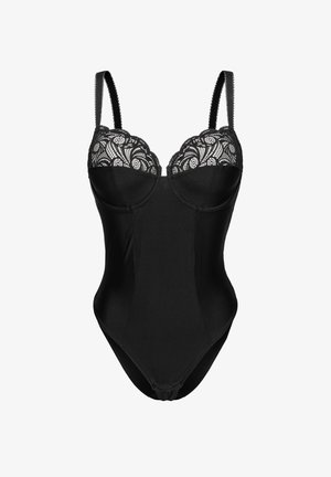 Zwarte bodysuit met een bovenstuk van kant, gevormde cups, verstelbare bandjes en een gladde stofstructuur; klassiek ontwerp en getailleerde silhouet.