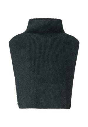 Mörkgrön, strukturerad stickad turtleneck-tröja med hög krage och ärmlös design; fluffigt material med räfflad mönstring.
