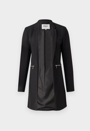 Sacou negru dintr-un material neted, cu design ajustat, mâneci lungi și buzunare frontale cu fermoar. Complet căptușit și cu un finisaj mat.