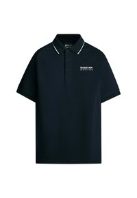 Marineblå polo t-shirt lavet af tekstureret bomuld, med klassisk krave, korte ærmer og hvide accenter på kraven. Brandlogo vist.