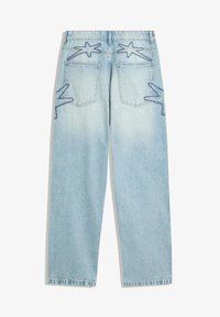 Light blue denim jeans with a gradient finish, featuring star-shaped embroidery on the back pockets and raw hem detailing.