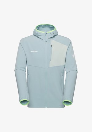 Jasnoniebieska kurtka z kapturem, z przednim zamkiem błyskawicznym, kieszenią na piersi zapinaną na zamek, zielonym obszyciem kaptura i mankietów oraz logo "Mammut" na piersi i rękawie.