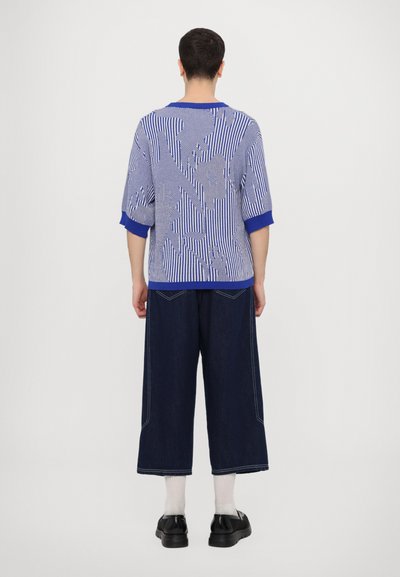 Blå og hvid stribet oversized striktop med korte ærmer, parret med brede mørke denimbukser med kontrastsyninger.