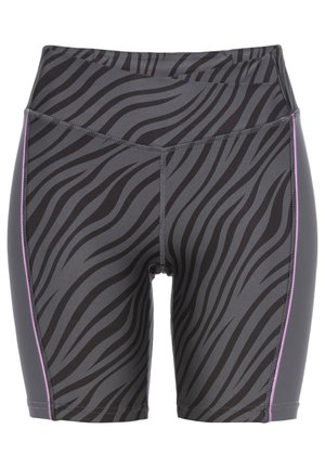 Enganliegende Sportshorts in Grau mit einem schwarzen Wellenmuster. Verfügt über pinke Seitenakzente und einen hohen Bund. Hergestellt aus dehnbarem Material.