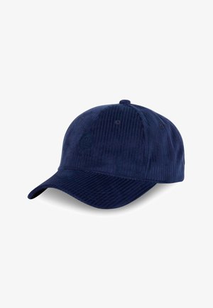 Casquette de baseball en velours côtelé marine avec une visière courbée, des coutures ton sur ton et un petit logo en relief à l'avant. Texture lisse avec un motif à cannelures.