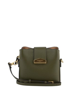 Petit sac bandoulière en cuir vert olive avec fermoir doré et sangle réglable, forme rectangulaire structurée et finition lisse.