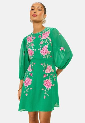 Kobieta w zielonej sukience z różowym kwiatowym haftem i rękawami o długości trzy czwarte zakończonymi bufkami, pozująca na białym tle.