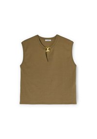 Bezramínkový khaki top s hlubokým V-výstřihem a zlatými detaily. Hladká textura, základní design a rovný střih bez dalších zdobení.