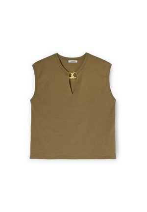 Sleeveless khaki top with a deep V-neck and gold hardware detail. Smooth texture, basic design, and straight cut with no additional embellishments.