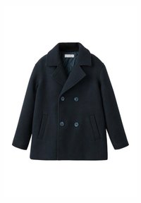Cappotto pea in lana blu navy con design doppiopetto, colletto a lancia, due tasche anteriori e grandi bottoni rotondi.