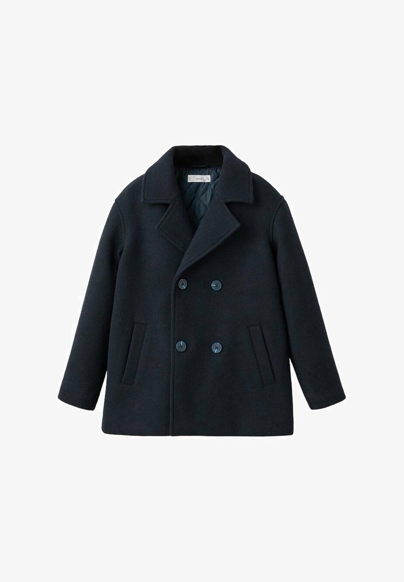 Cappotto pea in lana blu navy con design doppiopetto, colletto a lancia, due tasche anteriori e grandi bottoni rotondi.