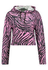 Felpa corta rosa con strisce zebrate nere, maniche lunghe e cordini neri sul cappuccio.