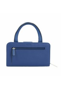Blue leather handbag with a smooth texture, structured shape, top handle, and a front zipper pocket. Notable brand logo embossed.