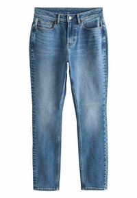 Svijetloplave traperice ravnog kroja s minimalnim izblijedjelim dijelovima, pet džepova i vidljivim detaljima šavova.