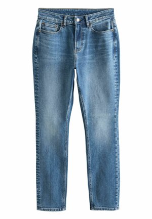 Hellblaue Jeans aus Denim in geradem Bein, mit minimalem Ausbleichen, Fünf-Taschen-Stil und sichtbaren Nahtakzenten.