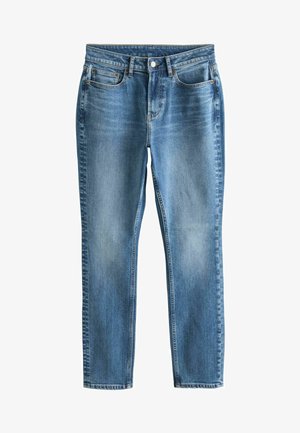 Hellblaue Jeans aus Denim in geradem Bein, mit minimalem Ausbleichen, Fünf-Taschen-Stil und sichtbaren Nahtakzenten.