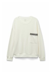 Hvid ribbet sweatshirt med lange ærmer, rund hals og en frontlomme accentueret med struktureret sort og sølvstof.