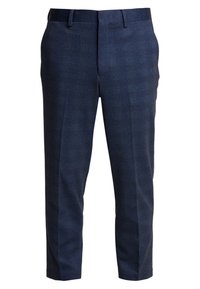 Navy blue tailored trousers with a subtle textured pattern, straight leg cut, and belt loops. Features side pockets and a smooth finish.