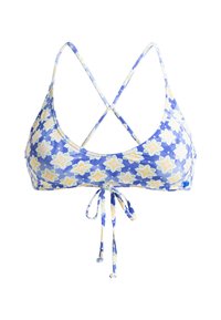 Blå blomsterbikinitop med hvidt og gult blomstermønster, trekantet form, krydsede rygstropper og justerbare foran bundet detaljer.